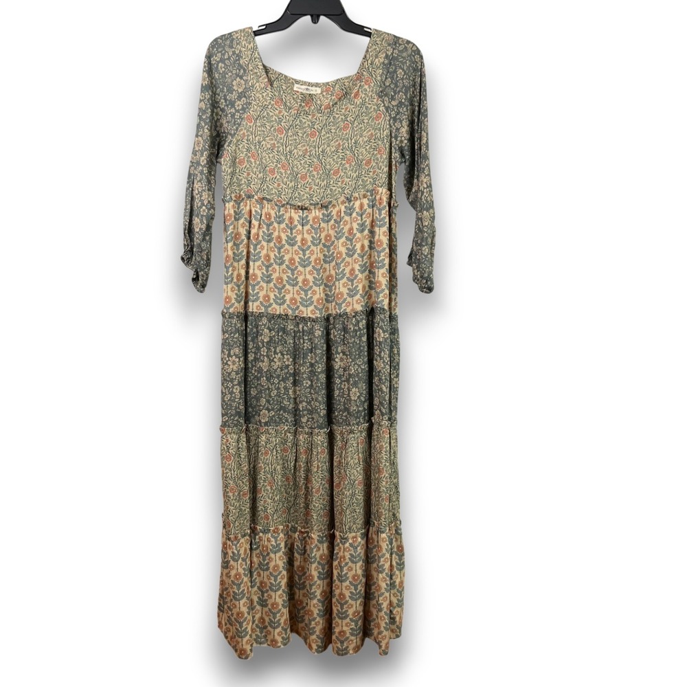 Natural Life Floral Tiered Maxi Dress Womens S Green Pink Bohemian Cottagecore